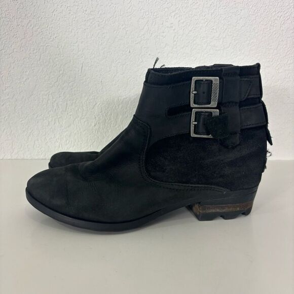 Sorel Black Leather & Suede Ankle Buckle Side Booties Size 8 - Picture 1 of 8